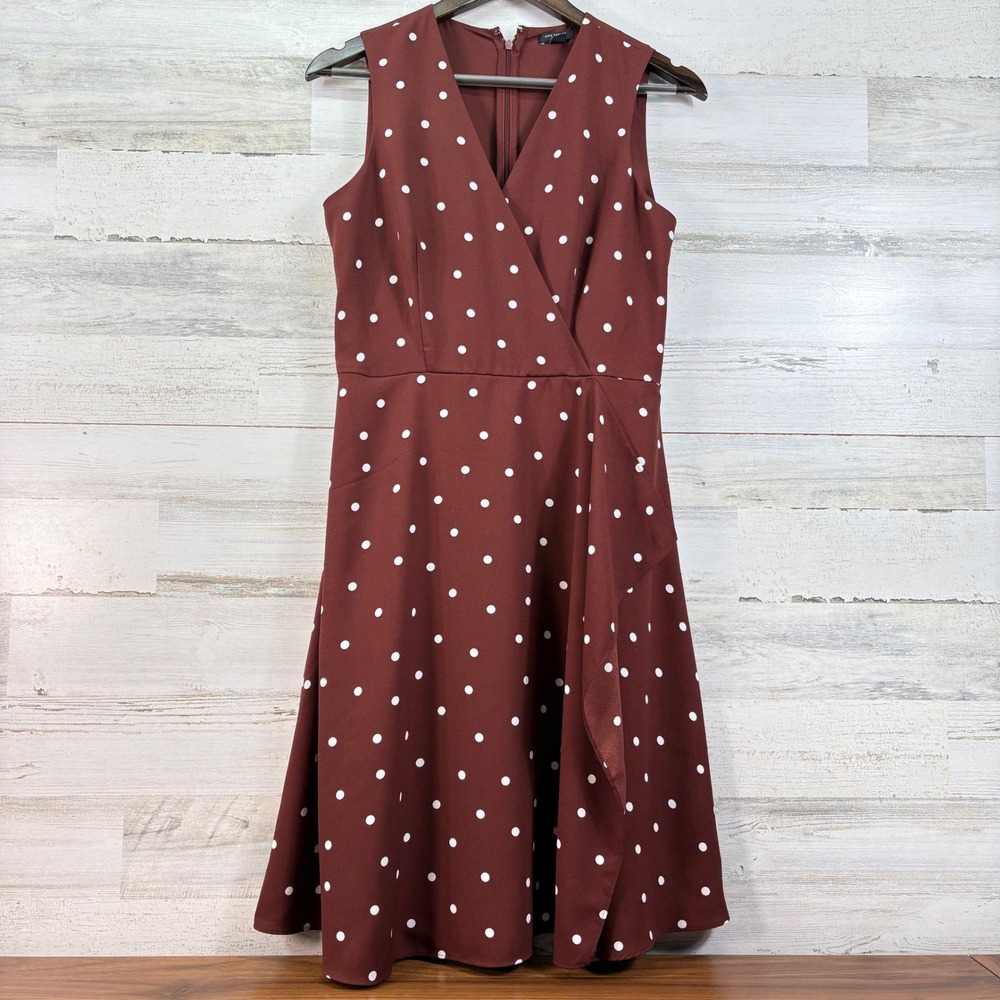 Ann Taylor Petite Polka‎ Dot Faux Wrap Dress Brown White Sleeveless 6P Retro Mod